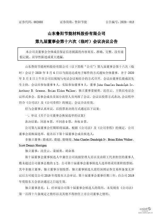 鲁阳节能：第九届董事会第十六次(临时)会议决议公告