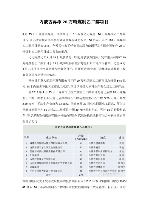 内蒙古再添20万吨煤制乙二醇项目