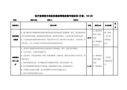 医疗废物暂存地医院感染管理质量考核标准(分值：100分)