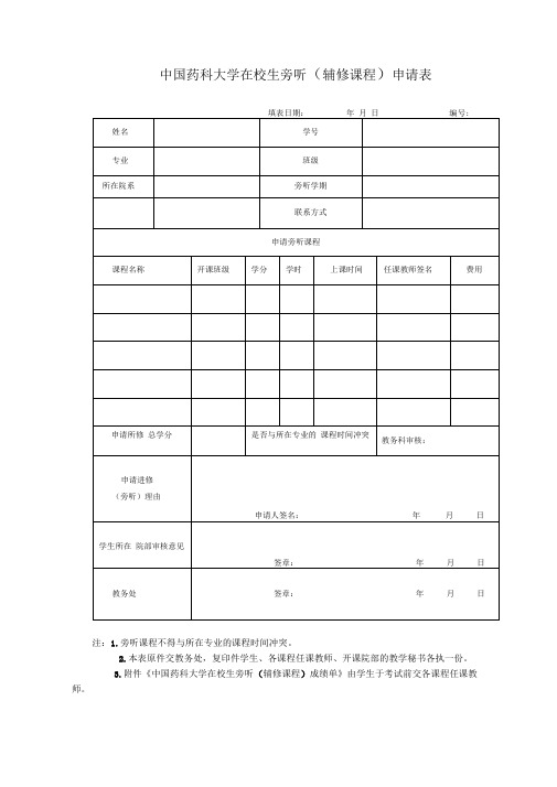 中国药科大学在校生旁听(辅修课程)申请表