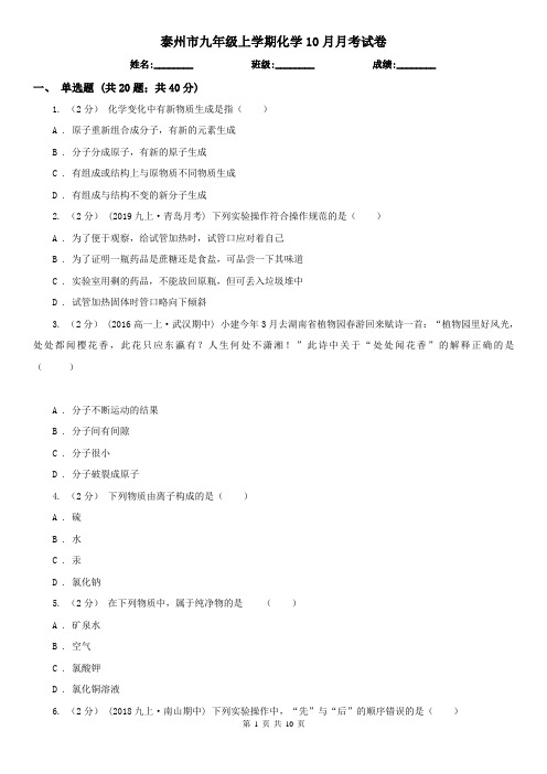 泰州市九年级上学期化学10月月考试卷