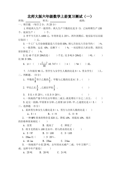 北师大六年级数学上册总复习(数与代数)测试题