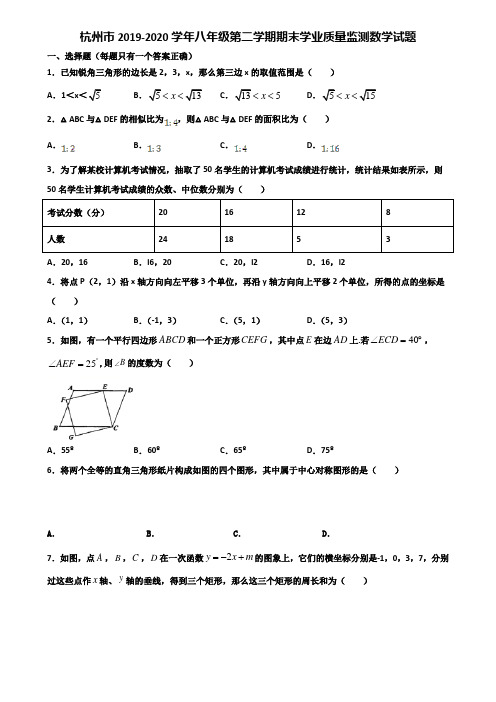 杭州市2019-2020学年八年级第二学期期末学业质量监测数学试题含解析