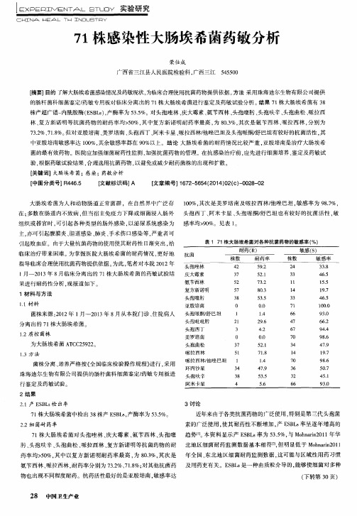 71株感染性大肠埃希菌药敏分析