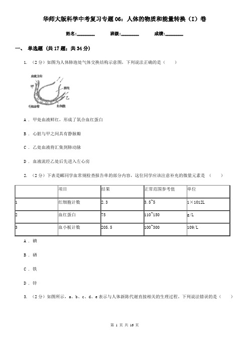 华师大版科学中考复习专题06：人体的物质和能量转换(I)卷