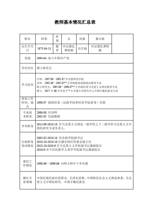 教师基本情况汇总表【模板】