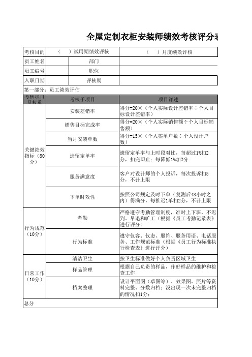 全屋定制衣柜安装师绩效考核评分表