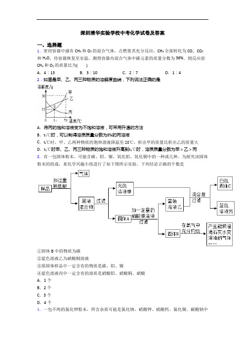深圳清华实验学校中考化学试卷及答案