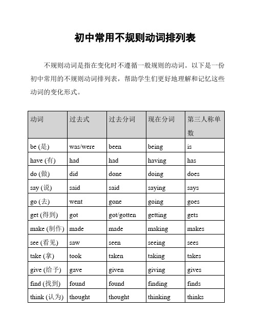 初中常用不规则动词排列表