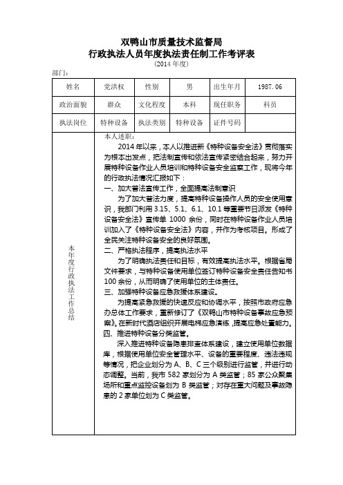 空白版行政执法人员2014年度执法责任制工作考评表