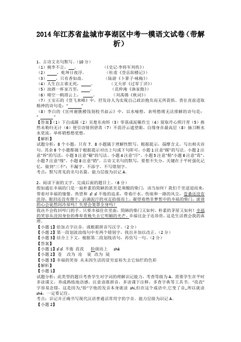 江苏省盐城市亭湖区2014届中考一模语文试卷(纯word解析版)