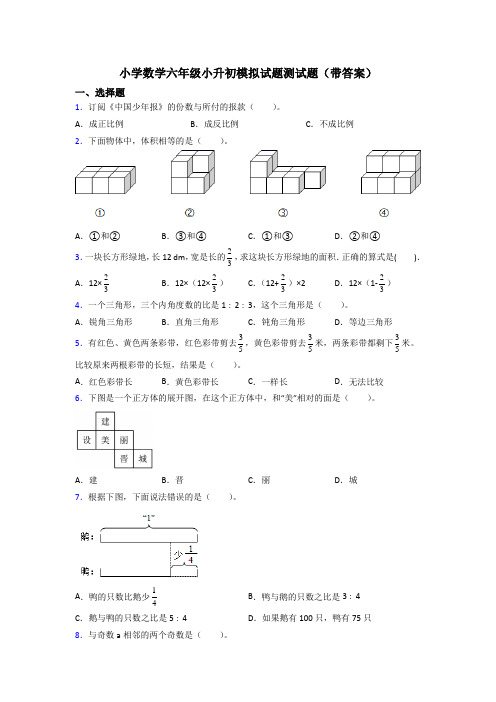 小学数学六年级小升初模拟试题测试题(带答案)