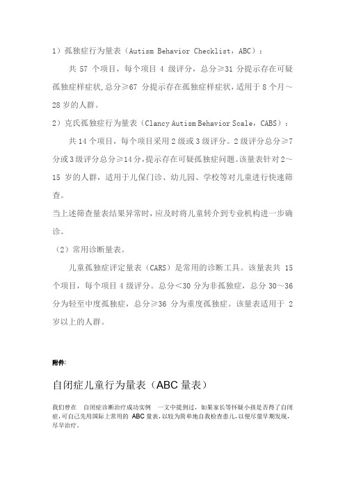 儿童自闭症常用筛查、诊断量表(abc量表、CARS评定量表、行为量表CABS)