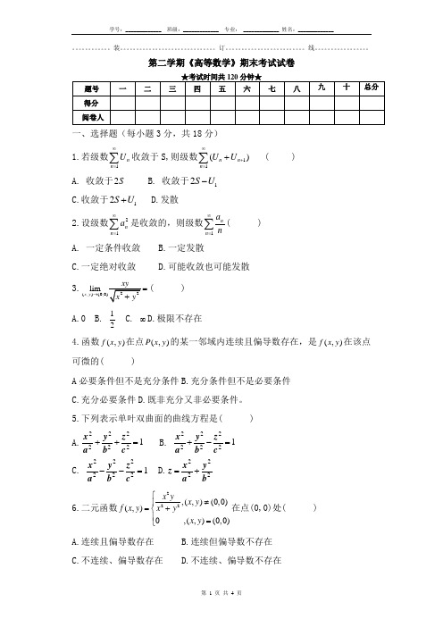 山东工商学院第二学期高等数学80学时试卷