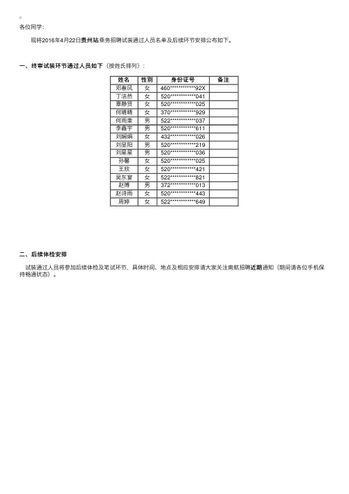 2016年南航4.22贵州站乘务招聘终审试装环节结果及后续环节通知