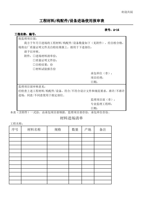 材料进场报审表格模板