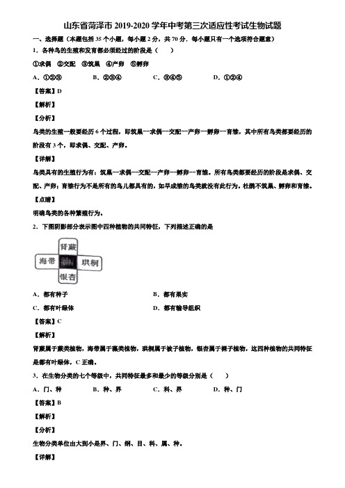 山东省菏泽市2019-2020学年中考第三次适应性考试生物试题含解析