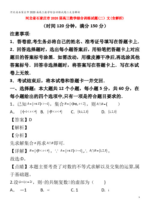 石家庄市2020届高三数学综合训练试题二文含解析