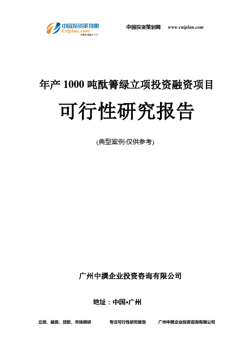 年产1000吨酞箐绿融资投资立项项目可行性研究报告(非常详细)