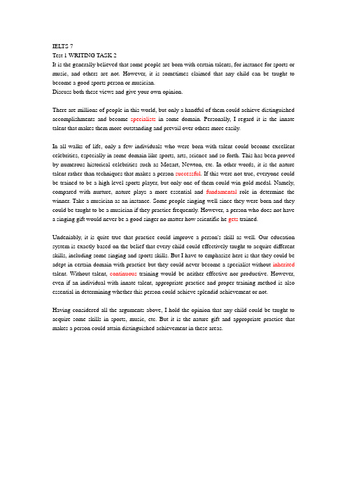 IELTS 7 Test 1 WRITING TASK 2 范文