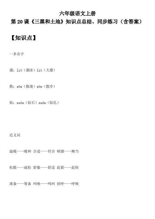 六年级语文上册 第20课《三黑和土地》知识点总结、同步练习(含答案)