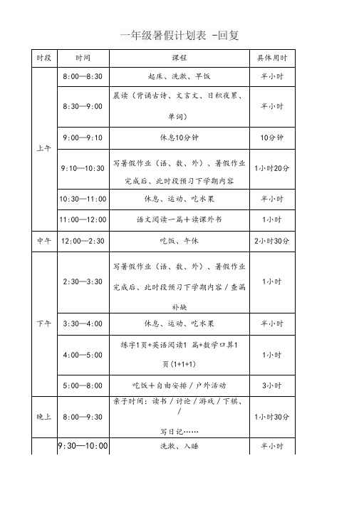 一年级暑假计划表 -回复