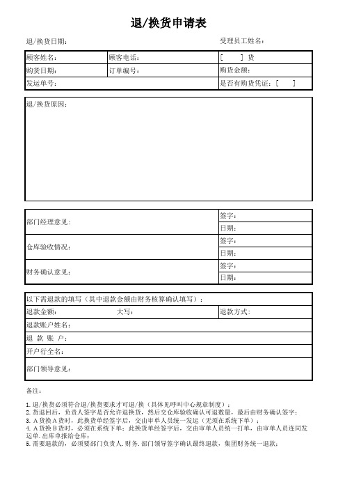 商品退换货申请表格模板