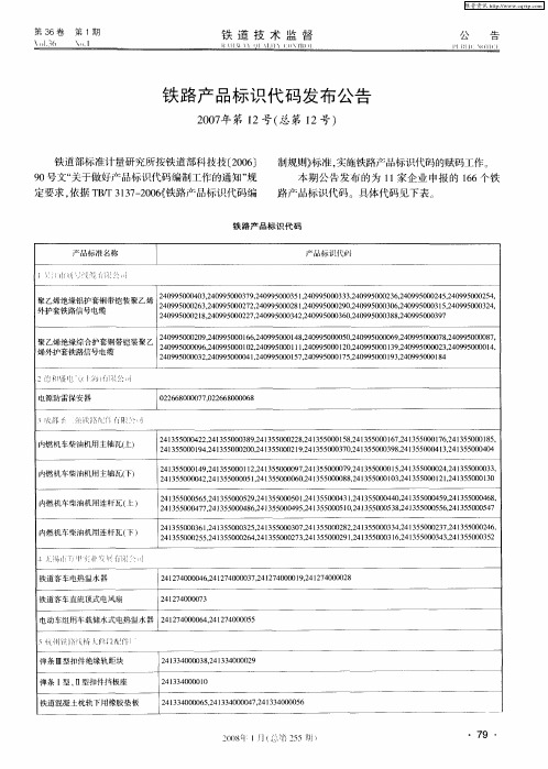 铁路产品标识代码发布公告2007年第12号(总第12号)