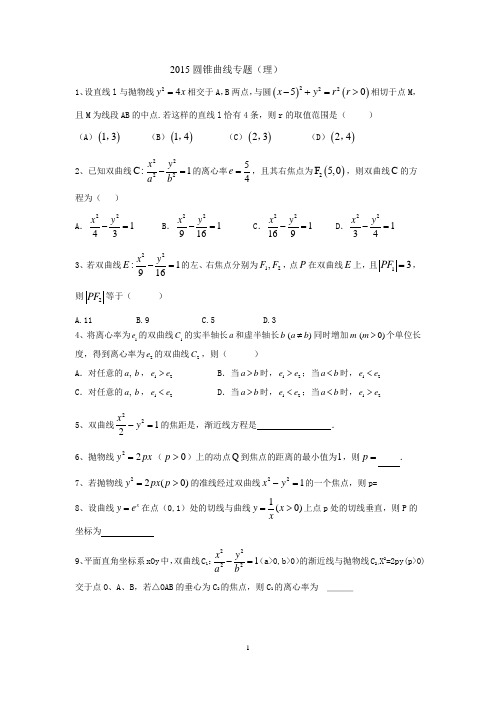 圆锥曲线专题(理科)之2015年高考真题分专题复习