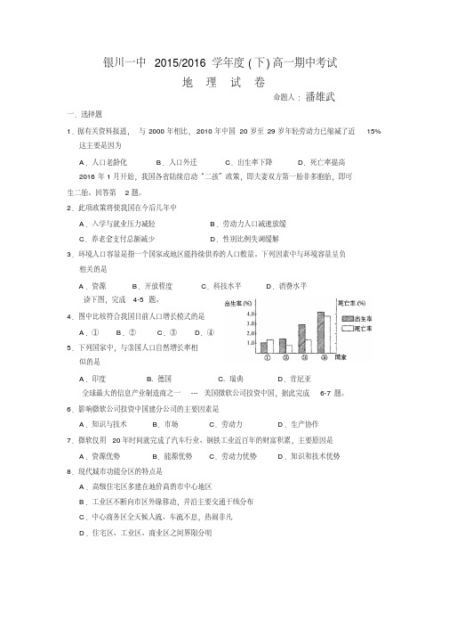 宁夏银川一中2015-2016学年高一下学期期中考试地理试题Word版含答案