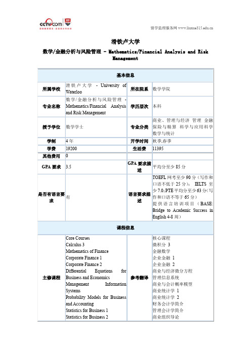 滑铁卢大学数学金融分析与风险管理本科