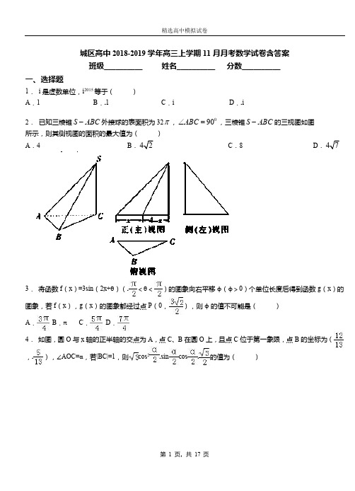 城区高中2018-2019学年高三上学期11月月考数学试卷含答案卷