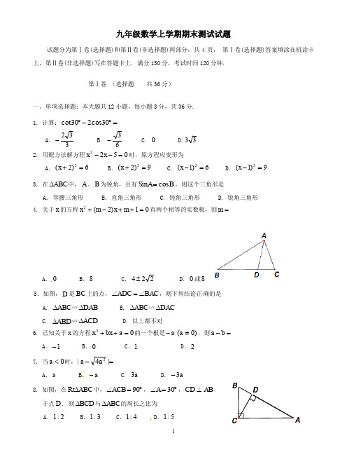 四川省2020届九年级数学上学期期末测试试题