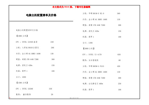 电脑主机配置清单及价格