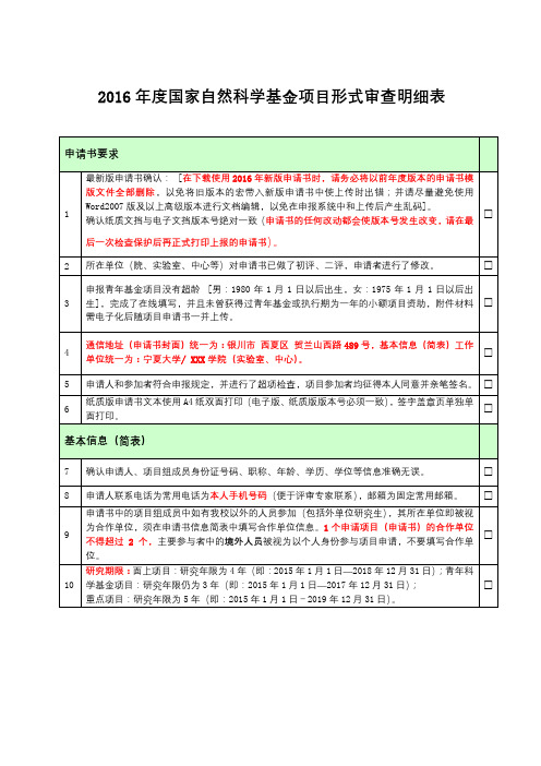 2016年度国家自然科学基金项目形式审查明细表【模板】