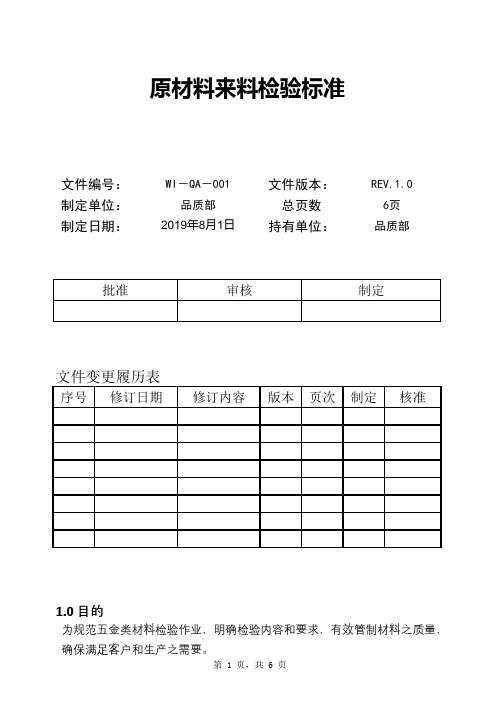 五金原材来料检验标准