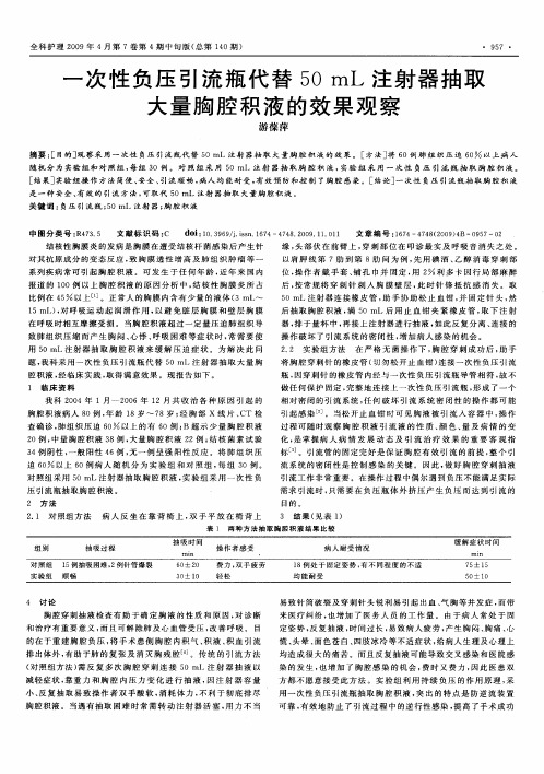 一次性负压引流瓶代替50mL注射器抽取大量胸腔积液的效果观察