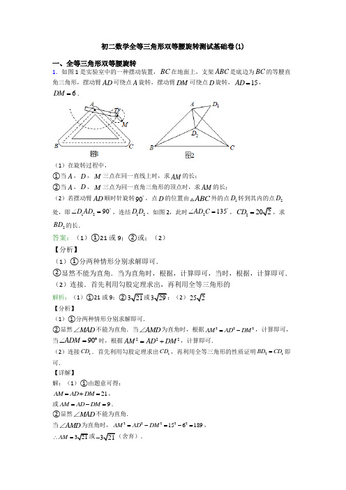 初二数学全等三角形双等腰旋转测试基础卷(1)