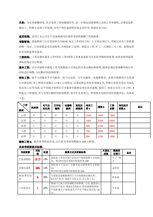 设备维修工工资及考核管理规定