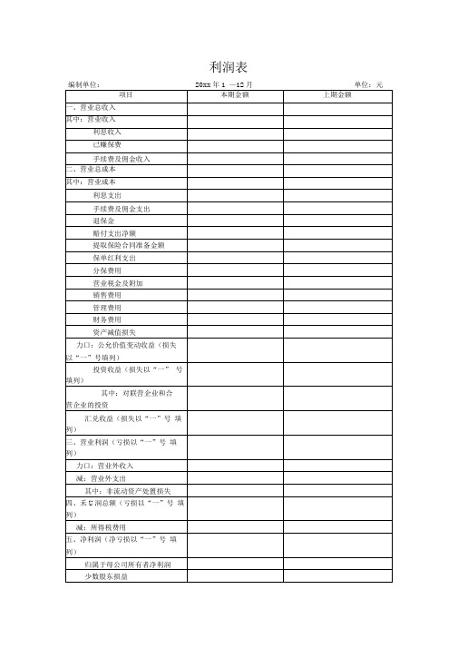 上市公司最新利润表空白模板