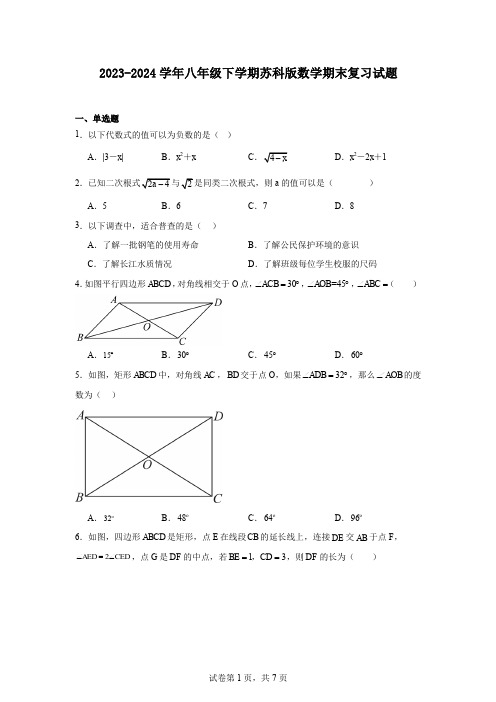 2023-2024学年八年级下学期苏科版数学期末复习试题