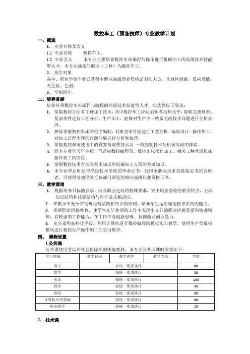 数控车(预备技师)专业教学计划