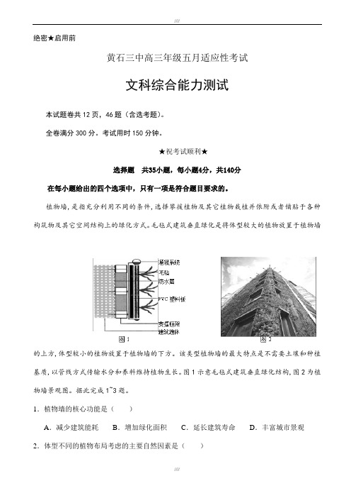 湖北省黄石市2020届高三5月适应性考试文综地理试题word版有答案(加精)