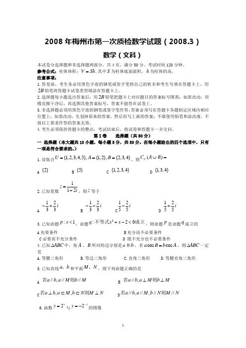 梅州市2008年高三第一次质检(文数)