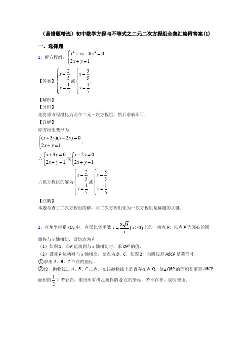 (易错题精选)初中数学方程与不等式之二元二次方程组全集汇编附答案(1)