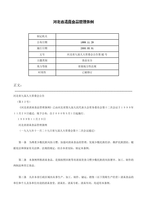 河北省清真食品管理条例-河北省九届人大常委会公告第32号