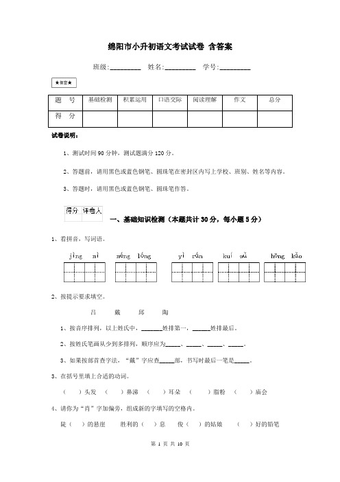 绵阳市小升初语文考试试卷 含答案