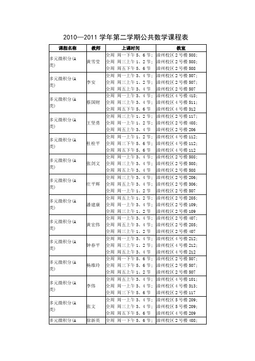 20102011学年第二学期公共数学课程表