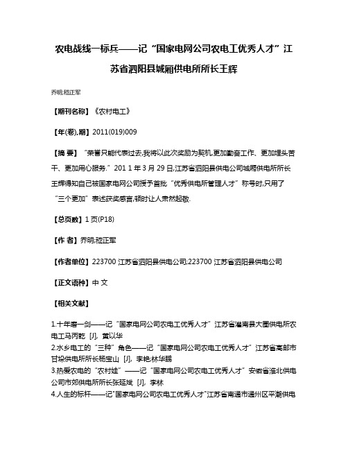 农电战线  一标兵——记“国家电网公司农电工优秀人才”江苏省泗阳县城厢供电所所长王辉