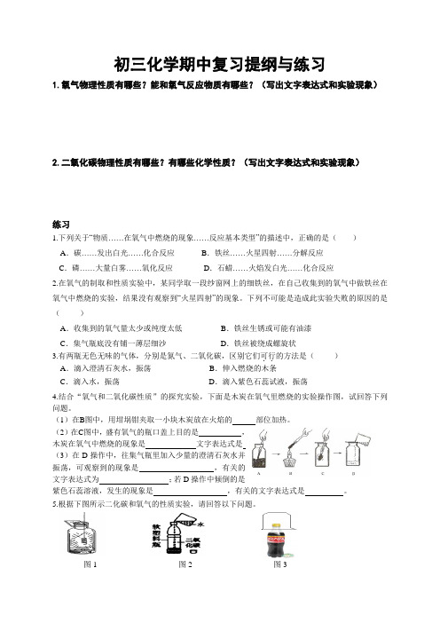 沪教版初三化学上学期期中复习提纲与练习